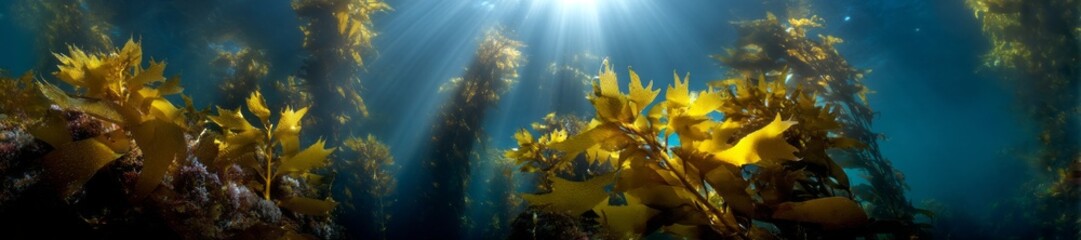Naklejka premium Underwater kelp forest exploration pacific ocean hdr panoramic view underwater environment light rays nature concept