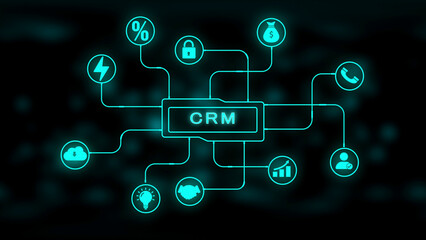 CRM Customer Relationship Management System Network Diagram with Icons Keywords: CRM, customer relationship management, system, network, diagram, icons, technology, business, connection