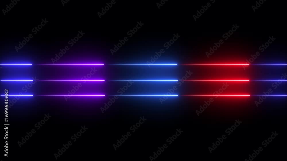 Poster animation of glowing horizontal neon lines streaming across on the screen, seamless looping. straigh