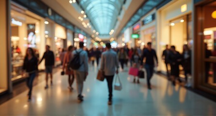 A blurred, lively scene inside a modern shopping center, showing numerous individuals moving amidst brightly lit retail displays.