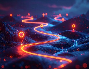Futuristic route illustration with glowing red pathfinders on blue landscape