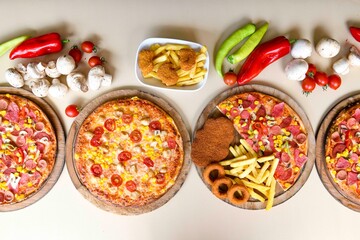 Delicious meat kebab with fresh vegetable salad served with variety of Turkish dishes and appetizers. Top view of assorted Turkish food and meze, tasty and healthy Mediterranean cuisine. Top view.