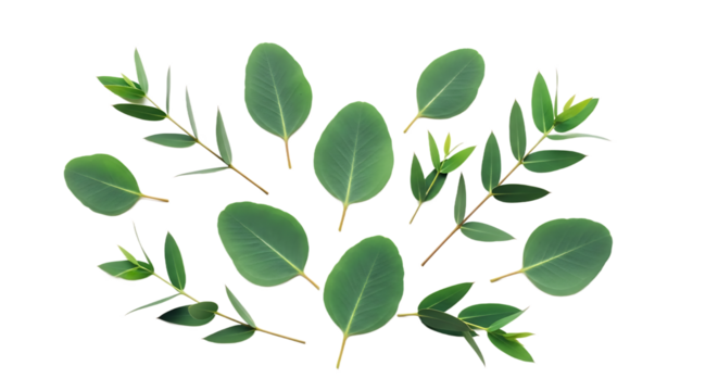 Overhead view of fresh green eucalyptus leaves and sprigs, a natural botanical arrangement scattered beautifully on a clean background, perfect for serene organic designs and wellness concepts