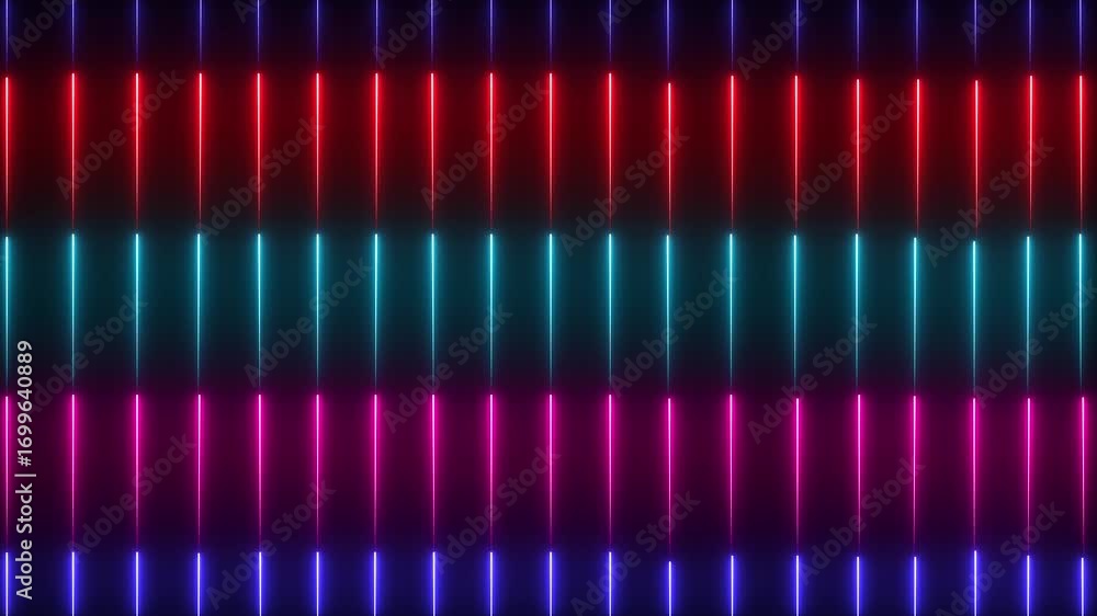 Poster abstract glowing rainbow color neon lines motion background. neon lights blinking lines moving anima