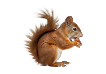 Extreme close-up of a vibrant European red squirrel with reddish-brown fur holding a nut, isolated on white, focused on eating. Concept of natural animal behavior