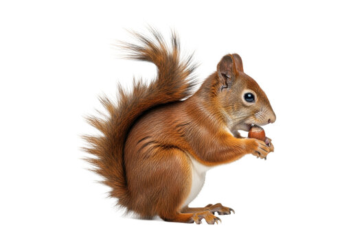 Extreme close-up of a vibrant European red squirrel with reddish-brown fur holding a nut, isolated on white, focused on eating. Concept of natural animal behavior