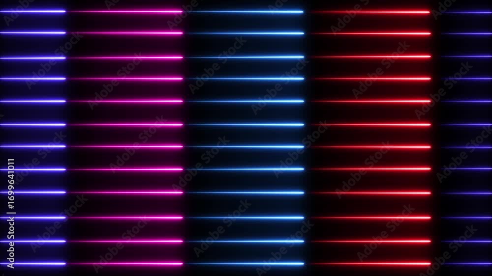 Poster animation of glowing horizontal neon lines streaming across on the screen, seamless looping. straigh