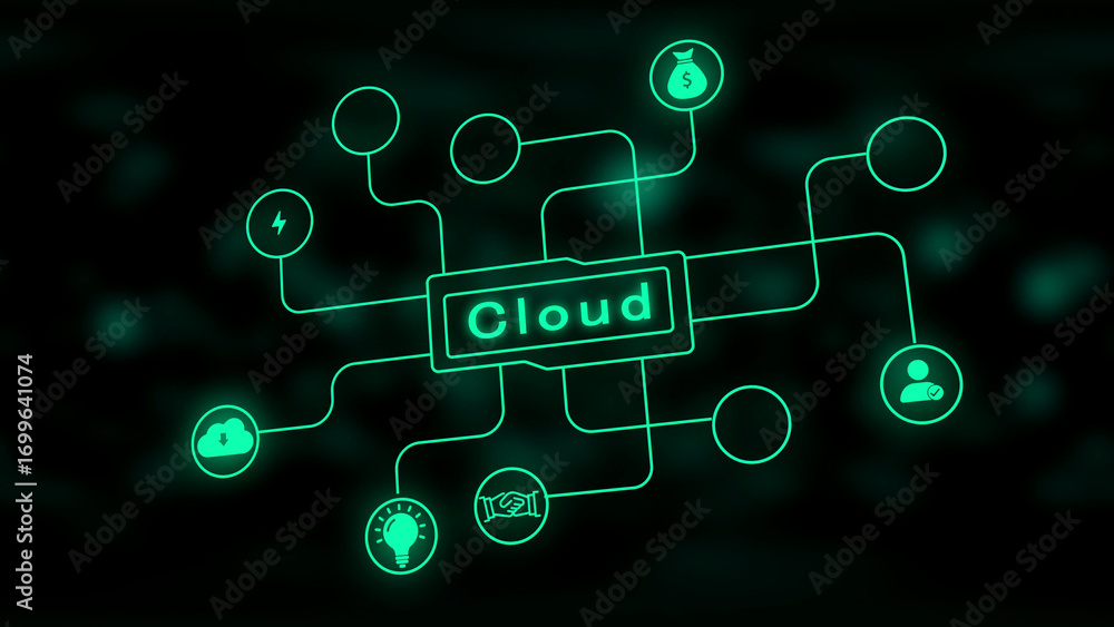 Poster green cloud computing diagram with connected icons on dark background technology data