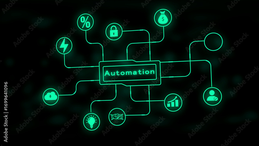 Poster green automation diagram with connected icons on dark background technology process