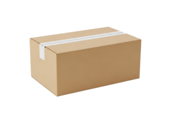 New, perfectly rectangular light brown cardboard shipping box, sealed with matte white tape, isolated on a pure bright white background with negative space for text, concept of e-commerce packaging