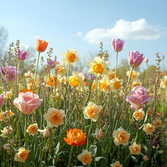 Fototapeta premium Vibrant spring flowers of various shapes and sizes.