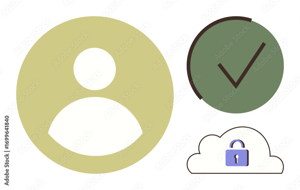 Poster abstract user icon with green approval checkmark and cloud containing a lock. ideal for identity ver