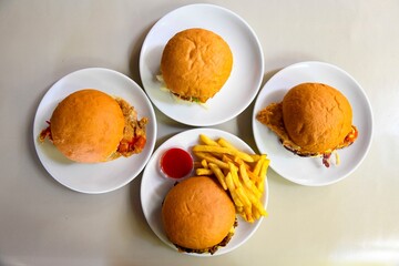 Delicious meat kebab with fresh vegetable salad served with variety of Turkish dishes and appetizers. Top view of assorted Turkish food and meze, tasty and healthy Mediterranean cuisine. Top view.