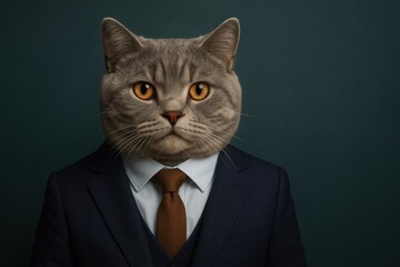 スーツを着た猫の擬人化ポートレート、ダークな背景