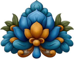 Blue flower orange petal decorative element floral design stained glass ornamental symmetrical green leaf artistic elegant Blue flower with orange petal and green leaf decorative floral design