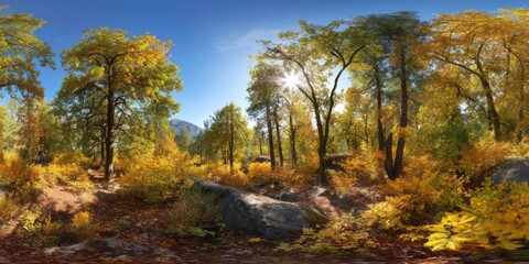 Obraz premium Autumn forest adventure mountainous region hdr panoramic landscape vibrant nature wide-angle view seasonal tranquility