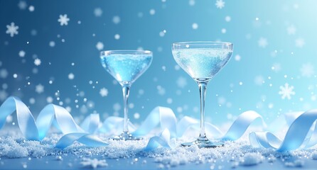 Two sparkling blue drinks in elegant glasses amidst falling snowflakes and delicate ribbons, creating a serene winter celebration.