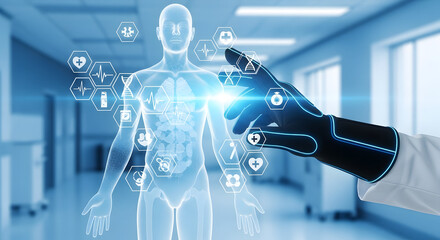 A doctor's hand with a futuristic glove interacts with a holographic human body displaying medical icons in a hospital corridor.
