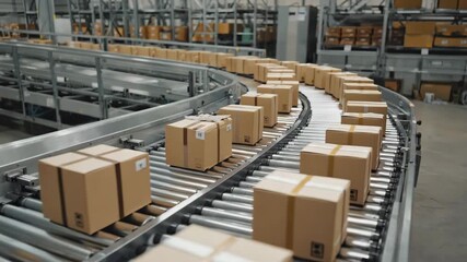 Conveyor belt with cardboard boxes. Industry 4.0 concept - Powered by Adobe