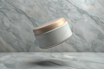 Luxury Skincare Cream Jar with Marble Texture and Gold Lid Floating cosmetic beauty 3D