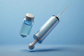 Medical Syringe and Vial with Blue Liquid on Light Blue 3D Background medicine healthcare
