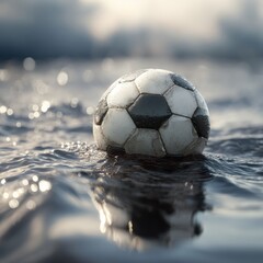Soccer Ball Floating in Calm Water with Reflections and Ripples