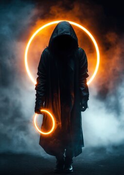 La silhouette myst&eacute;rieuse d'un homme portant un imperm&eacute;able noir &agrave; capuche tenant un anneau lumineux dans la main, cercle &eacute;clair&eacute; et fum&eacute;e en arri&egrave;re-plan, atmosph&egrave;re intrigante.