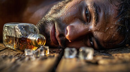 Homme ivre allongé sur une table en bois avec une bouteille de whisky et des glaçons, arrière-plan flou, concept de campagne de sensibilisation sur l'alcoolisme.