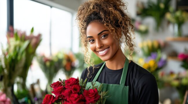 Une femme fleuriste afro-am&eacute;ricaine tenant un bouquet de roses rouges dans un magasin de fleurs, souriant &agrave; l'objectif, v&ecirc;tue d'un tablier vert et d'un t-shirt fonc&eacute;.