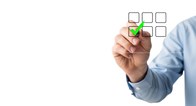 Caucasian male hand in light blue business shirt drawing a vivid green checkmark on a transparent digital screen with black checkboxes, transparent studio background, negative copy space, concept of