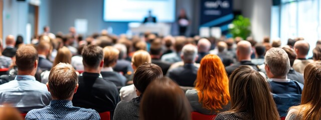 Du public dans une salle de conférence lors d'un colloque d'affaires, vue de derrière le public avec des professionnels assis et écoutant la présentation, vue panoramique.