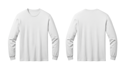 transparent long-sleeved combed cotton t-shirt with ribbed neck and flat seams, shown front and back, isolated on a transparent studio background with copy space. E-commerce product mockup concept