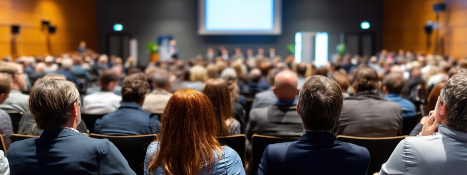 Des spectateurs dans un auditorium lors d'une conf&eacute;rence d'affaires, vue de derri&egrave;re le public avec des professionnels assis et &eacute;coutant la pr&eacute;sentation, vue panoramique.