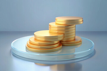 Stack of Gold Coins on a Glass Pedestal Against a Gradient 3D Background money finance