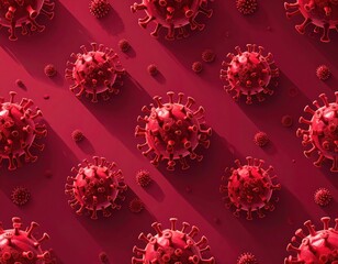 A repeating pattern of stylized red virus-like spheres on a deep crimson background, showcasing a graphic and scientific motif.
