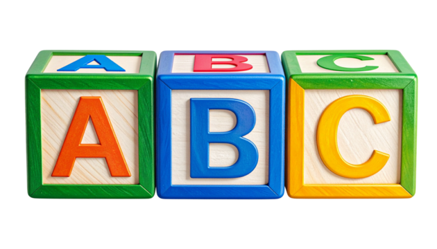 Realistic colorful education blocks with letters A, B, and C, arranged neatly, isolated on transparent background, PNG format.