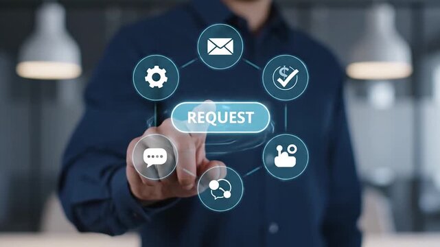 Man s hand pressing a glowing blue button with the word request on a digital interface in a modern office setting