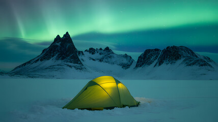 Northern Lights Camping Adventure: A solitary illuminated tent stands beneath the breathtaking dance of the aurora borealis.