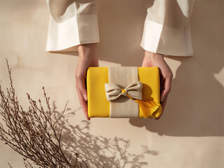 Top View of Korean Yellow Silk Bojagi Gift Wrapping with Flower Knot and Tassel in Hanbok Sleeves