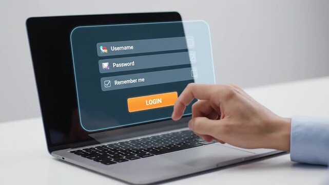Modern laptop displaying a secure login screen with username password and remember me options for digital access