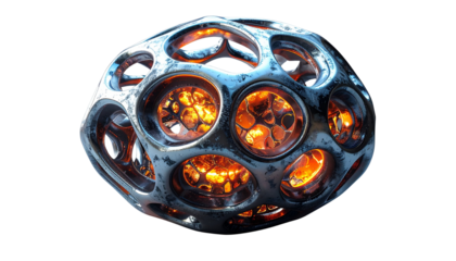 Realistic nano object with futuristic microscopic design, metallic texture, isolated on transparent background, PNG format.
