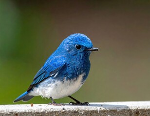 A close-up view of a vibrant blue bird with white underparts, perched on a light gray surface against a blurred green and brown background.