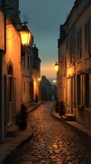 Obraz premium A narrow, cobblestone alleyway bathed in the warm glow of street lamps at dusk, highlighting the aged stone buildings lining its sides.