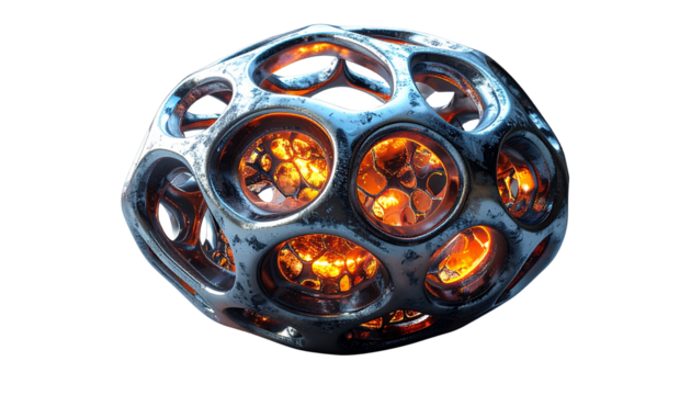 Realistic nano object with futuristic microscopic design, metallic texture, isolated on transparent background, PNG format.
