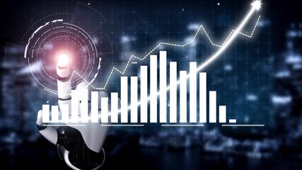 A futuristic robotic hand interacts with dynamic data graphs, showcasing trends and growth in a high-tech digital environment, symbolizing innovation in business analytics. Copula - Powered by Adobe