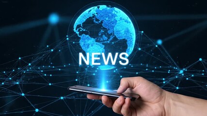 Global news updates delivered instantly to your smartphone via a digital network connection and glowing earth hologram - Powered by Adobe