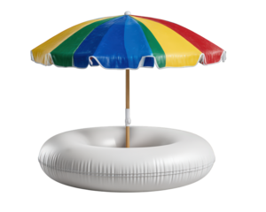 Colorful beach umbrella with white inflatable swim ring, summer holiday accessory for pool or seaside fun, cheerful and playful vibe, isolated on transparency background