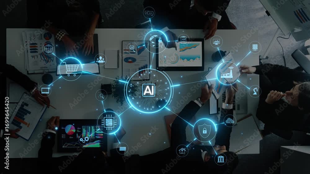 Poster a modern business meeting showcasing the integration of ai technology with data analytics. professio