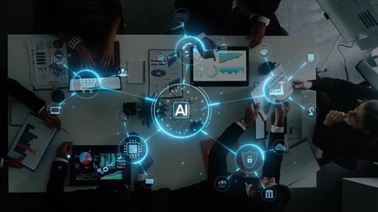 A modern business meeting showcasing the integration of AI technology with data analytics. Professionals collaborate around a table, emphasizing innovation and teamwork in a digital workspace. Raster - Powered by Adobe