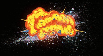 Dynamic illustration of a fiery pop art explosion, a classic comic book style detonation with smoke and debris against a dark background